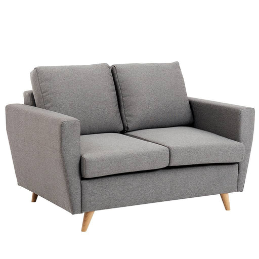 Divano 2 posti in tessuto grigio chiaro con braccioli larghi, schienale morbido, gambe in legno naturale, ideale per soggiorno moderno