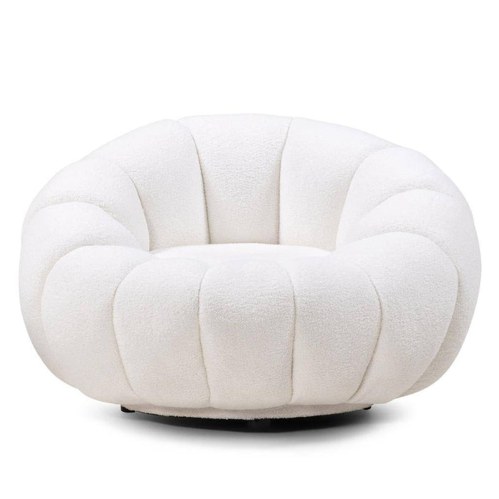 Poltrona girevole LOEL bianca, bouclé, forme arrotondate