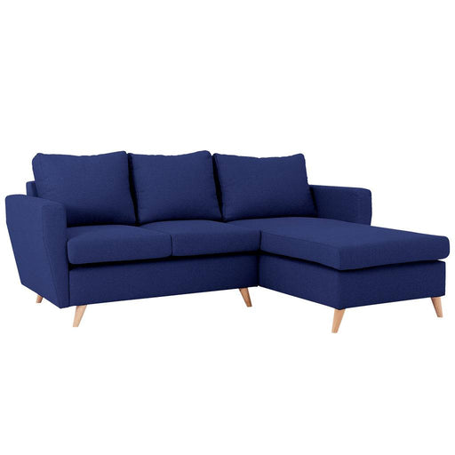 Divano angolare LOVER R in tessuto inchiostro con cuscini morbidi e schienale confortevole, struttura in legno e gambe in legno chiaro
