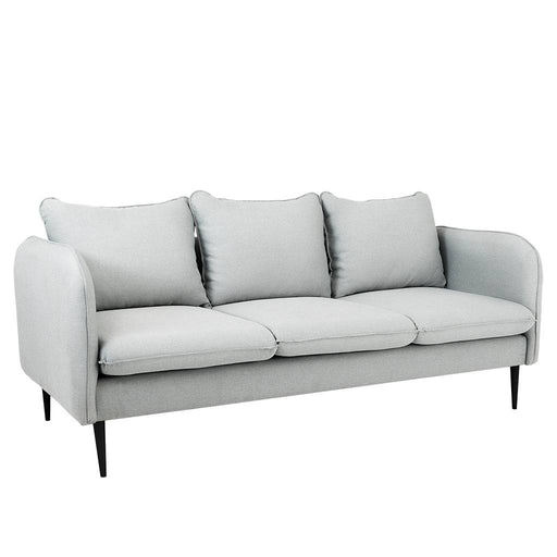 Divano 3 posti in tessuto grigio chiaro con braccioli arrotondati, struttura elegante e gambe nere sottili, ideale per soggiorno moderno.
