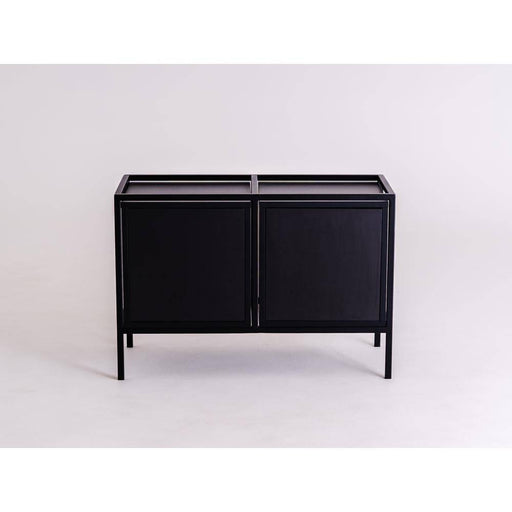 Credenza nera con ante in legno e struttura in metallo, stile industriale, perfetta per ambienti contemporanei, SKU: TD010SKAPBL2R1-2O-9005