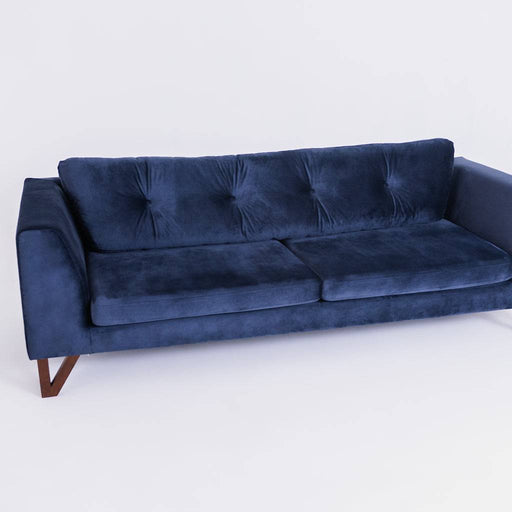 Divano Willy in velluto blu scuro con schienale imbottito, stile minimalista, ideale per soggiorno moderno, dimensioni 230 cm