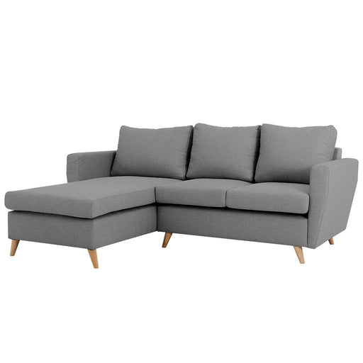 Divano angolare LOVER acciaio in tessuto grigio chiaro con gambe in legno naturale, ampio e comodo per soggiorno moderno, SKU: SF040LOVE-L-ET91