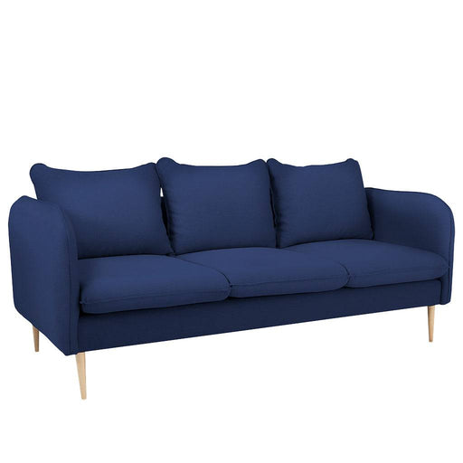 Divano Posh Wood 3 posti in tessuto blu con struttura in legno naturale, design minimalista e comodo, ideale per soggiorno elegante
