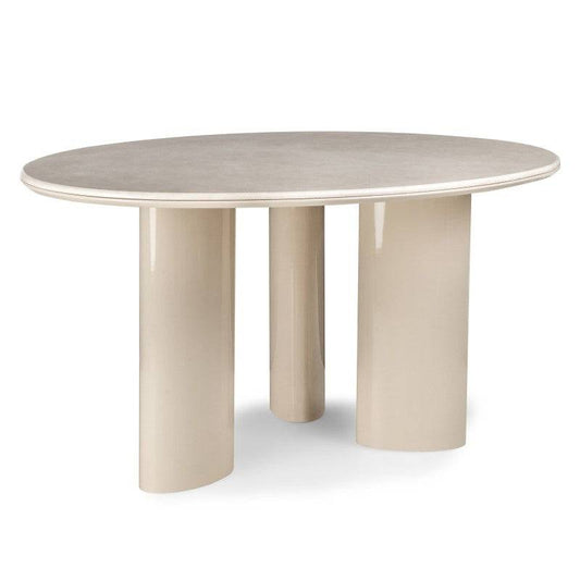 Tavolo da pranzo in marmo beige chiaro con piano rotondo e gambe cilindriche in MDF, stile moderno e elegante, dimensioni 160 cm