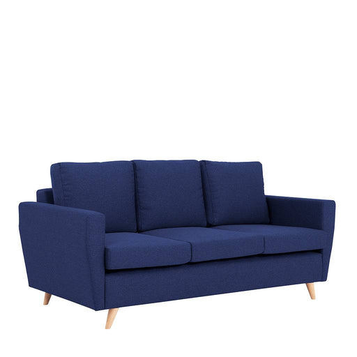 Divano 3 posti in tessuto inchiostro, struttura robusta, cuscini imbottiti, stile moderno, gambe in legno chiaro, ideale per soggiorno
