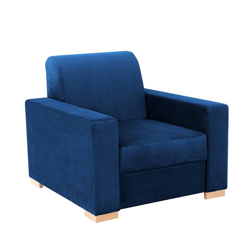 Poltrona in legno naturale e velluto blu, design moderno con braccioli ampi e schienale comodo, ideale per soggiorno elegante - SKU: AC016STABL-RV81