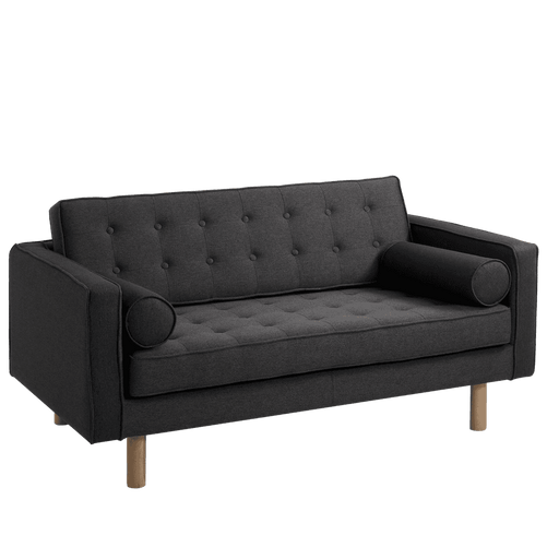 Divano 2 posti in tessuto nero con braccioli imbottiti e cuscini cilindrici, stile moderno, gambe in legno chiaro, SKU: SF025TOPW2-ET95