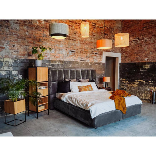 Ambientazione con letto e mobili in stile industriale, scaffale in legno e metallo nero, decorato con piante e lampade di design