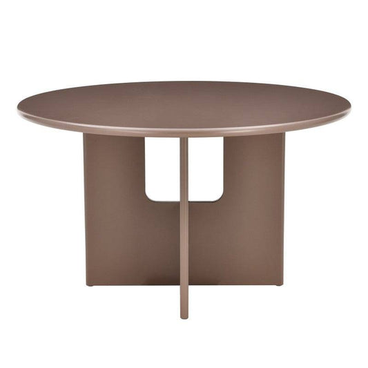 Tavolo da pranzo rotondo HOLL 120 cm marrone, con piano in MDF e base moderna con pannelli laterali, stile elegante e robusto