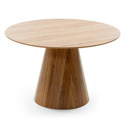 Tavolo da pranzo rotondo in legno naturale con piano in MDF, base conica in legno, design elegante e moderno, ideale per ambienti living