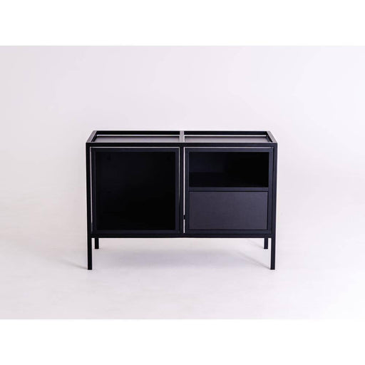 Credenza nera in metallo con ante e ripiano aperto, design minimalista, perfetta per arredo contemporaneo, SKU: TD010SKAPBL2R1-MIX-9005