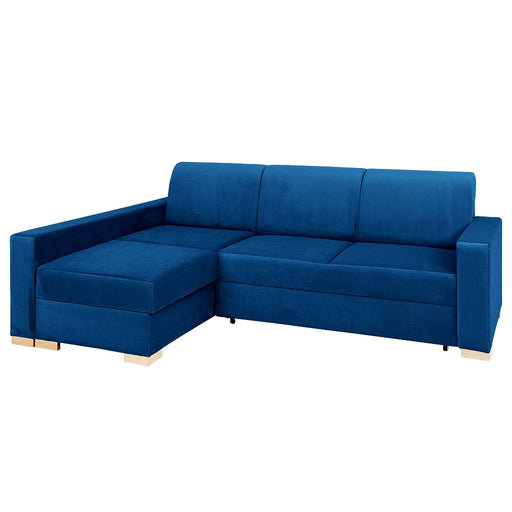 Divano in tessuto blu con chaise longue, stile contemporaneo, comodo e spazioso, ideale per soggiorno, con piedini in legno chiaro