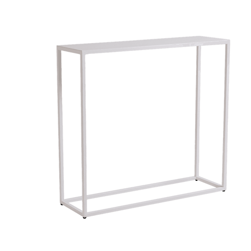 Consolle bianca in metallo con struttura semplice e lineare, ideale per organizzare libri, riviste e oggetti decorativi in ambienti moderni.