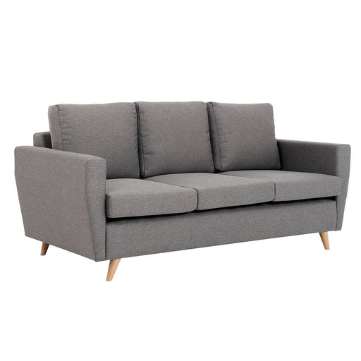 Divano 3 posti LOVER in tessuto grigio scuro con gambe in legno naturale, stile minimalista e sedute morbide, perfetto per ambienti eleganti.
