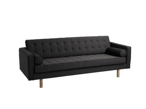 Divano 3 posti in tessuto nero con struttura in legno naturale, design moderno e comodo, ideale per soggiorno elegante, SKU: SF025TOPW-3-ET95