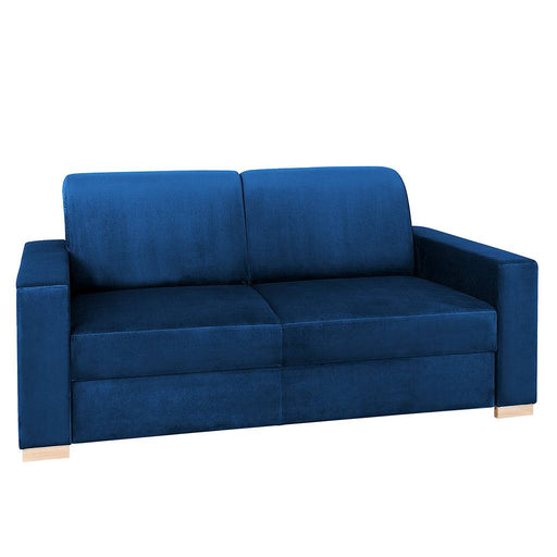Divano 2 posti in velluto blu Mirtillo con braccioli larghi e gambe in legno chiaro, stile moderno e confortevole per salotto.