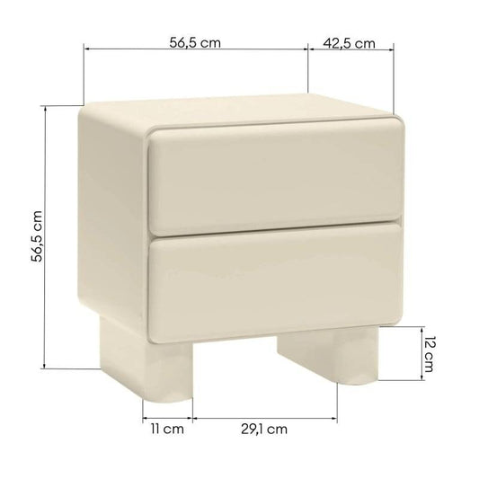 Dettaglio delle dimensioni del comodino con cassetti bianco crema, altezza 56,5 cm, profondità 42,5 cm, con piedi arrotondati in MDF