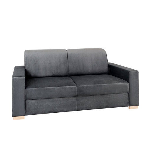Divano 2 posti in velluto grigio scuro con braccioli larghi e gambe in legno naturale, stile contemporaneo, SKU: SF040STABL2-RV96