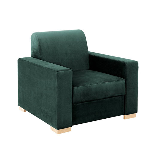 Poltrona in velluto verde scuro con braccioli ampi e schienale alto, struttura in legno naturale, ideale per soggiorno elegante