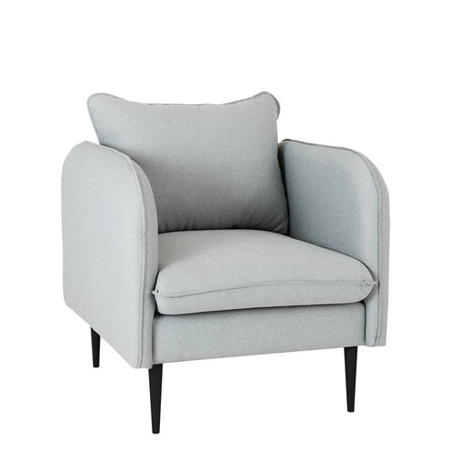 Poltrona moderna in tessuto grigio chiaro con braccioli arrotondati, rivestimento morbido, gambe nere sottili, ideale per soggiorno elegante - SKU: AC070POSH-ET9002