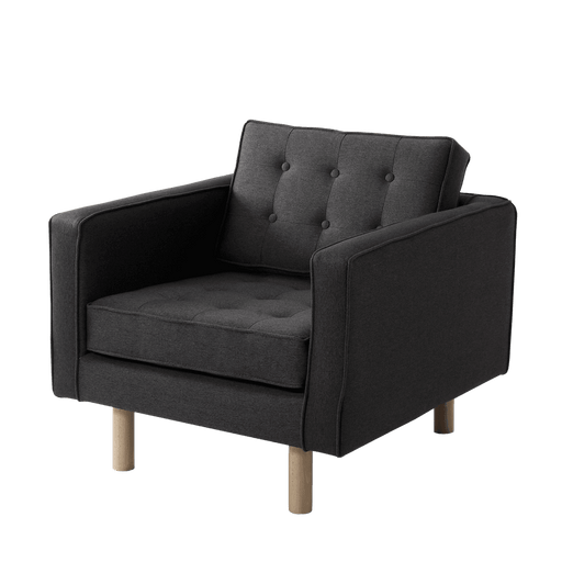 Poltrona moderna in tessuto nero con struttura in legno naturale, design elegante e comodo, ideale per soggiorno o ufficio - SKU: AC059TOPW-ET95