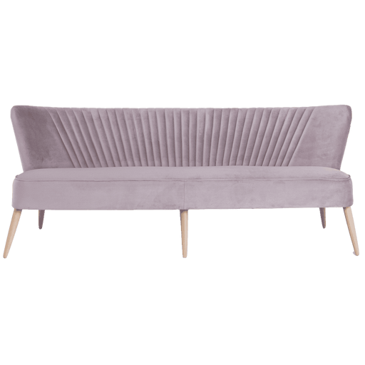 Divano 3 posti in velluto lychee color lilla con schienale decorato con cuciture verticali, gambe in legno chiaro, stile retrò.
