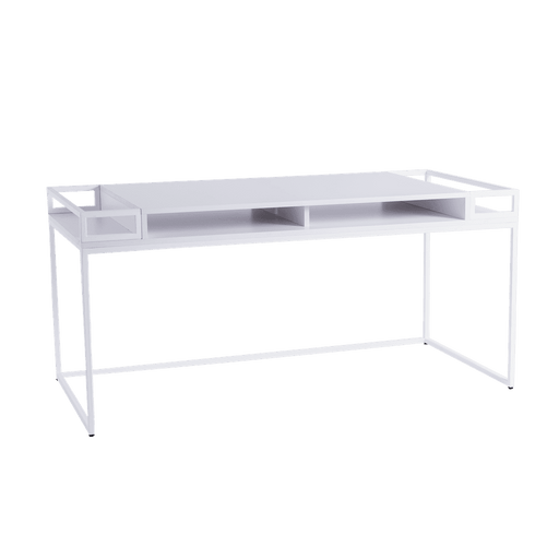 Scrivania K1 design bianco ufficio con struttura in metallo, piano spazioso e scomparti aperti, ideale per studio o ambiente lavorativo.