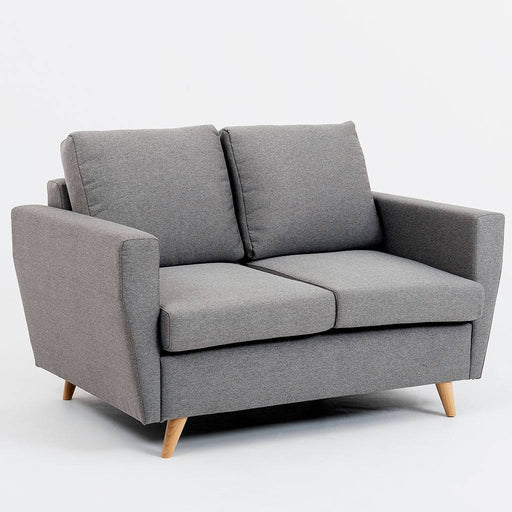 Divano 2 posti in tessuto grigio scuro con braccioli larghi, schienale confortevole, gambe in legno naturale, perfetto per spazi ridotti