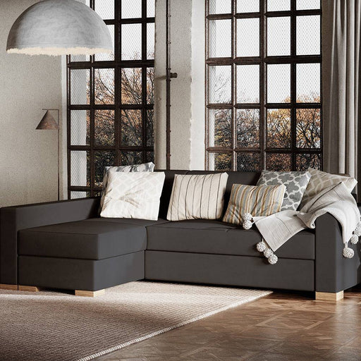 Soggiorno con divano angolare grigio scuro in tessuto, ampio e confortevole, perfetto per relax e stile contemporaneo, SKU: SF040STABLROZ-L-RV96
