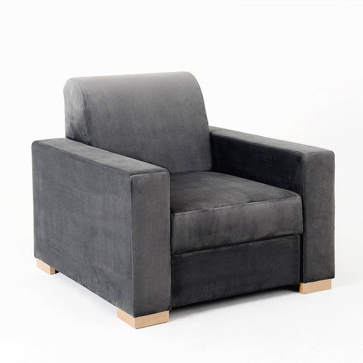 Poltrona in tessuto grigio scuro con braccioli ampi e schienale comodo, design contemporaneo, perfetta per ambienti sofisticati