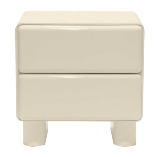 Comodino moderno con cassetti bianco crema in MDF con forme arrotondate, dimensioni 56,5x42,5x56,5 cm, design funzionale e armonico