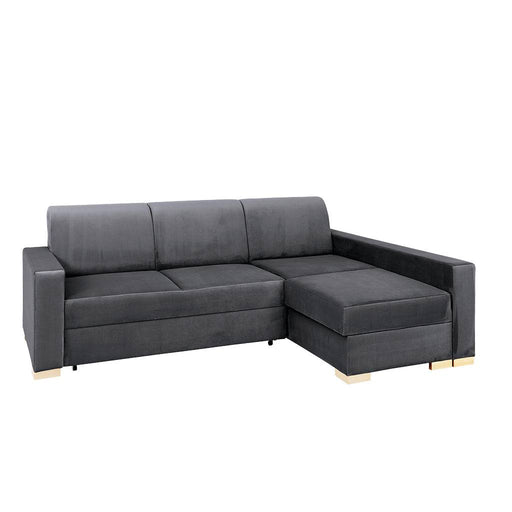 Divano letto angolare grigio lilla in tessuto con braccioli larghi e piedi in legno chiaro, ideale per soggiorno moderno e funzionale.