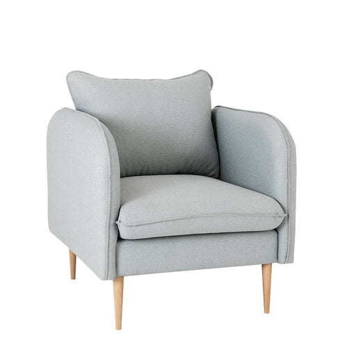 Poltrona armchair in tessuto grigio chiaro con cuscino in tessuto scuro, gambe in legno naturale, stile moderno e raffinato