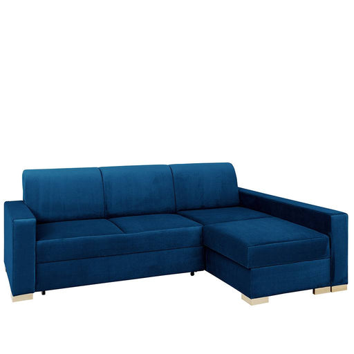Divano letto angolare in velluto blu Chokeberry con braccioli larghi e piedi in legno chiaro, ideale per soggiorno moderno e funzionale.