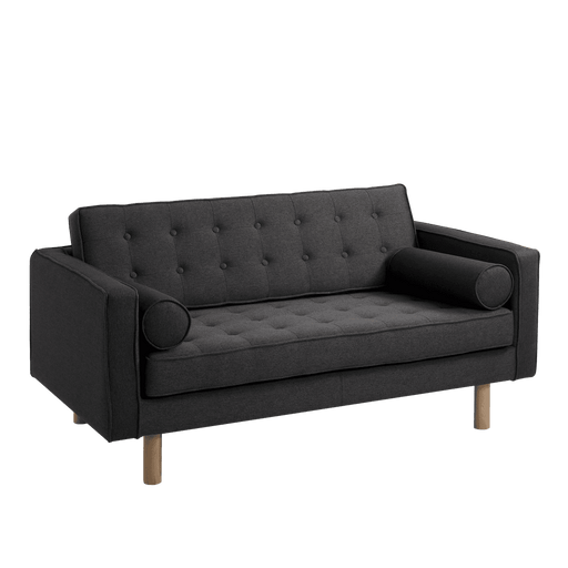 Divano letto 2 posti in tessuto nero con schienale imbottito, braccioli larghi e gambe in legno chiaro, stile moderno e funzionale.