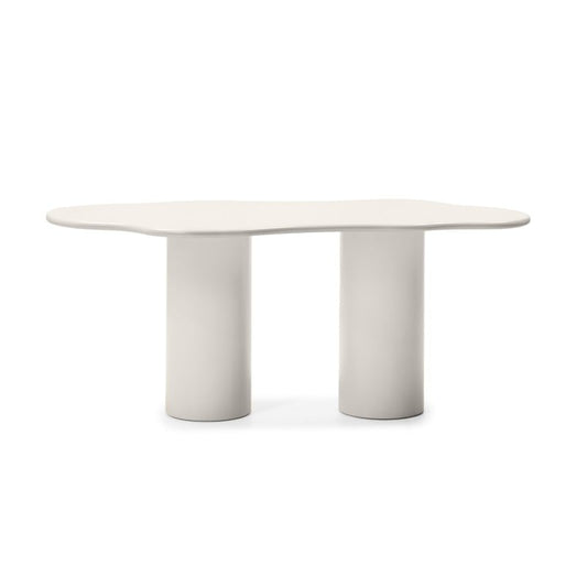 Tavolo da pranzo VIVRE 180 cm, piano arrotondato in materiale bianco, base cilindrica robusta, design moderno e minimalista, SKU: NN-VIV-FUR-DINTAB-BEI-369