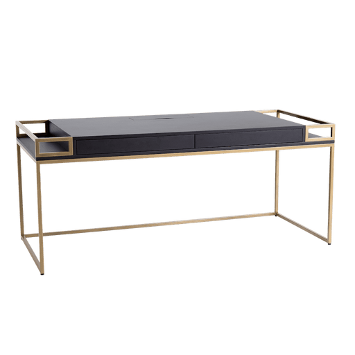 Scrivania moderna con struttura in metallo dorato e piano in legno laminato nero, design minimalista e funzionale, ideale per ufficio o casa