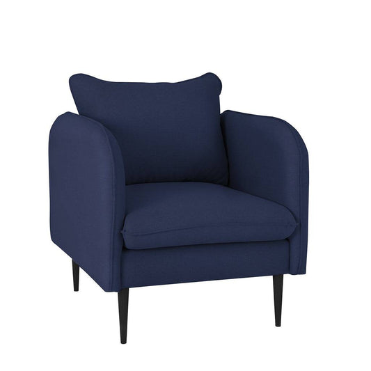 Poltrona moderna in tessuto blu scuro con braccioli arrotondati, schienale imbottito e gambe nere, ideale per ambienti eleganti.