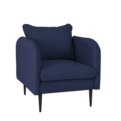 Poltrona moderna in tessuto blu scuro con braccioli arrotondati, schienale imbottito e gambe nere, ideale per ambienti eleganti.