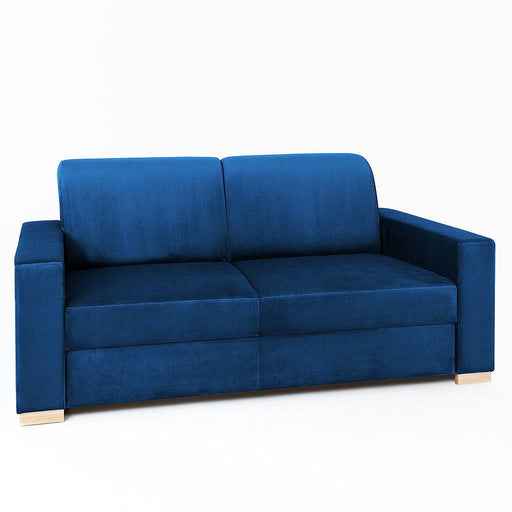 Divano blu in tessuto con schienale e seduta imbottiti, design elegante e versatile, ideale per ambienti living contemporanei.