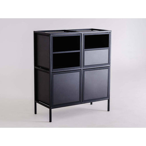 Mobile contenitore nero con ante in legno e struttura in metallo, perfetto per arredamento versatile e durevole, SKU: TD010SKAPBL2R2-MIX-9005