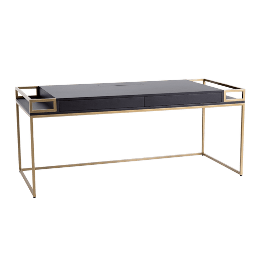 Scrivania minimalista nera con struttura in metallo dorato, superficie ampia e cassetti integrati, ideale per ufficio o casa, SKU: BI002K16B-180-19