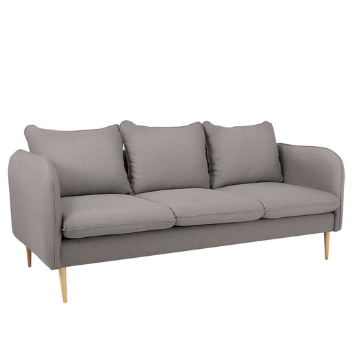 Divano tre posti moderno in tessuto grigio chiaro con gambe in legno naturale, design minimalista e comodo per soggiorno elegante