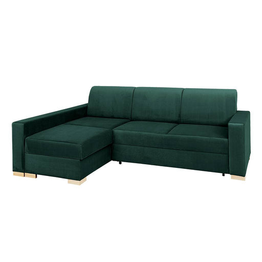 Divano letto angolare in velluto verde scuro con braccioli larghi e piedi in legno chiaro, ideale per soggiorno elegante e funzionale.