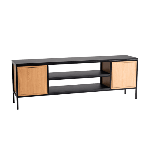 Scaffale TV moderno con struttura in metallo nero, ante in legno chiaro e ripiani aperti, ideale per soggiorno, lunghezza 180 cm.
