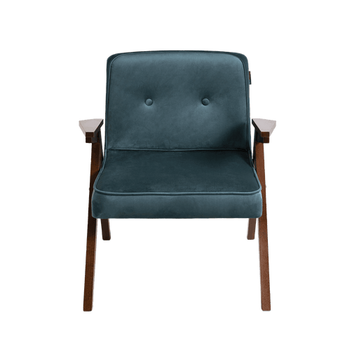 Poltrona VINC Mirtillo in velluto blu con struttura in legno scuro, design moderno, ideale per ambienti eleganti e ristretti.