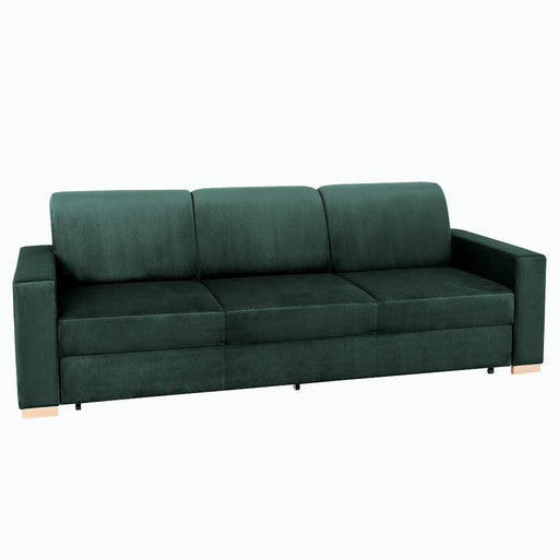 Divano letto 3 posti in velluto verde scuro con braccioli larghi e gambe in legno chiaro, ideale per soggiorno elegante e funzionale.