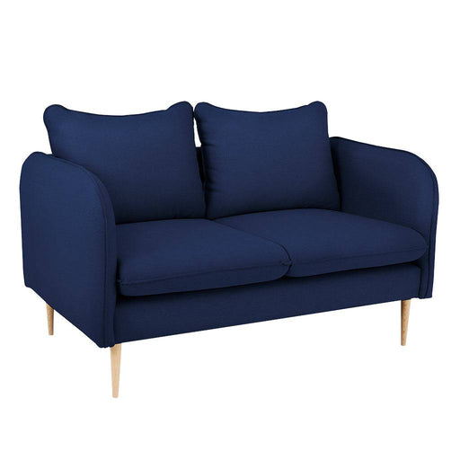 Divano POSH WOOD 2 posti in tessuto inchiostro naturale, struttura robusta, cuscini morbidi, gambe in legno chiaro, ideale per soggiorno elegante