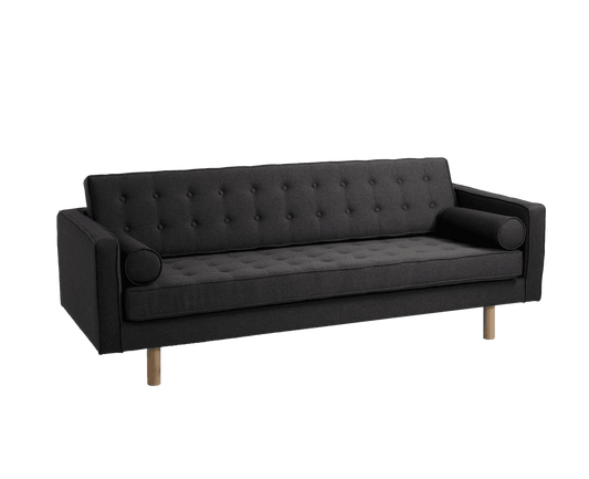 Divano letto moderno in tessuto nero con struttura in legno naturale, cuscini imbottiti e design elegante, ideale per salotti e camere